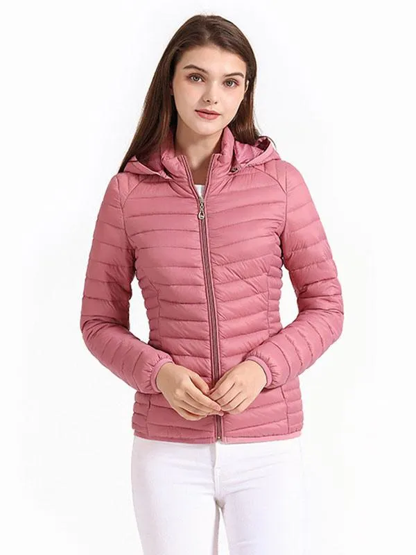 Women's Winter Puffer Coat in Pink with Hood - Cotton Warm Outerwear