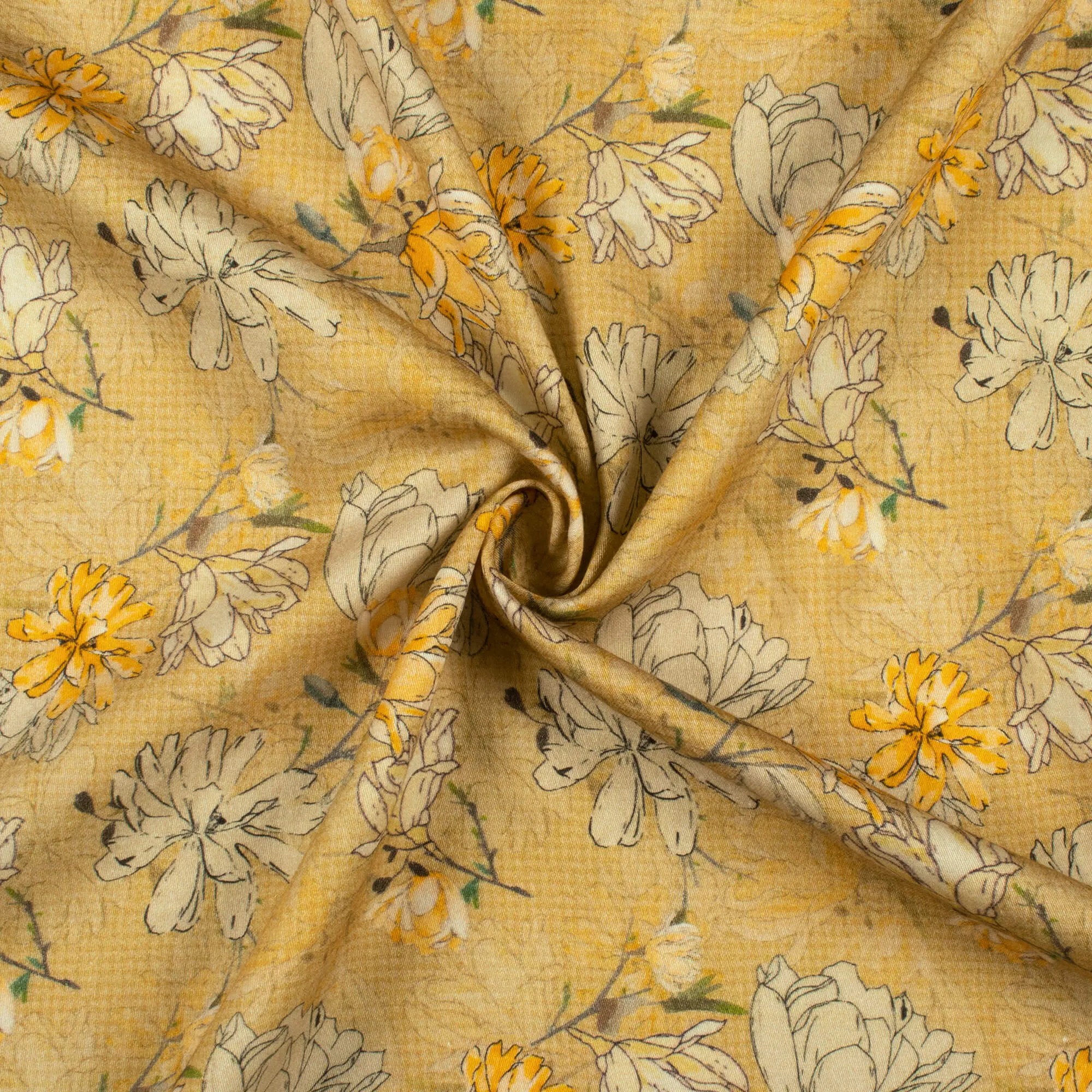 Yellow Beige Floral Digital Print Viscose Rayon Fabric 58 Inches Wide